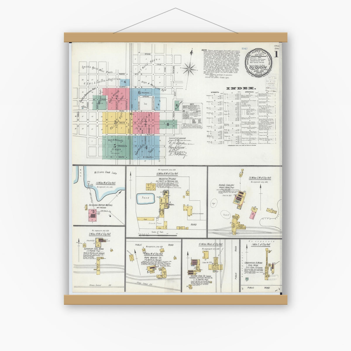 Old map wall art mockup — magnetic wood frame on white wall — Sanborn Fire Insurance Map from Du Quoin, Perry County, Illinois (1900), Sheet #0001