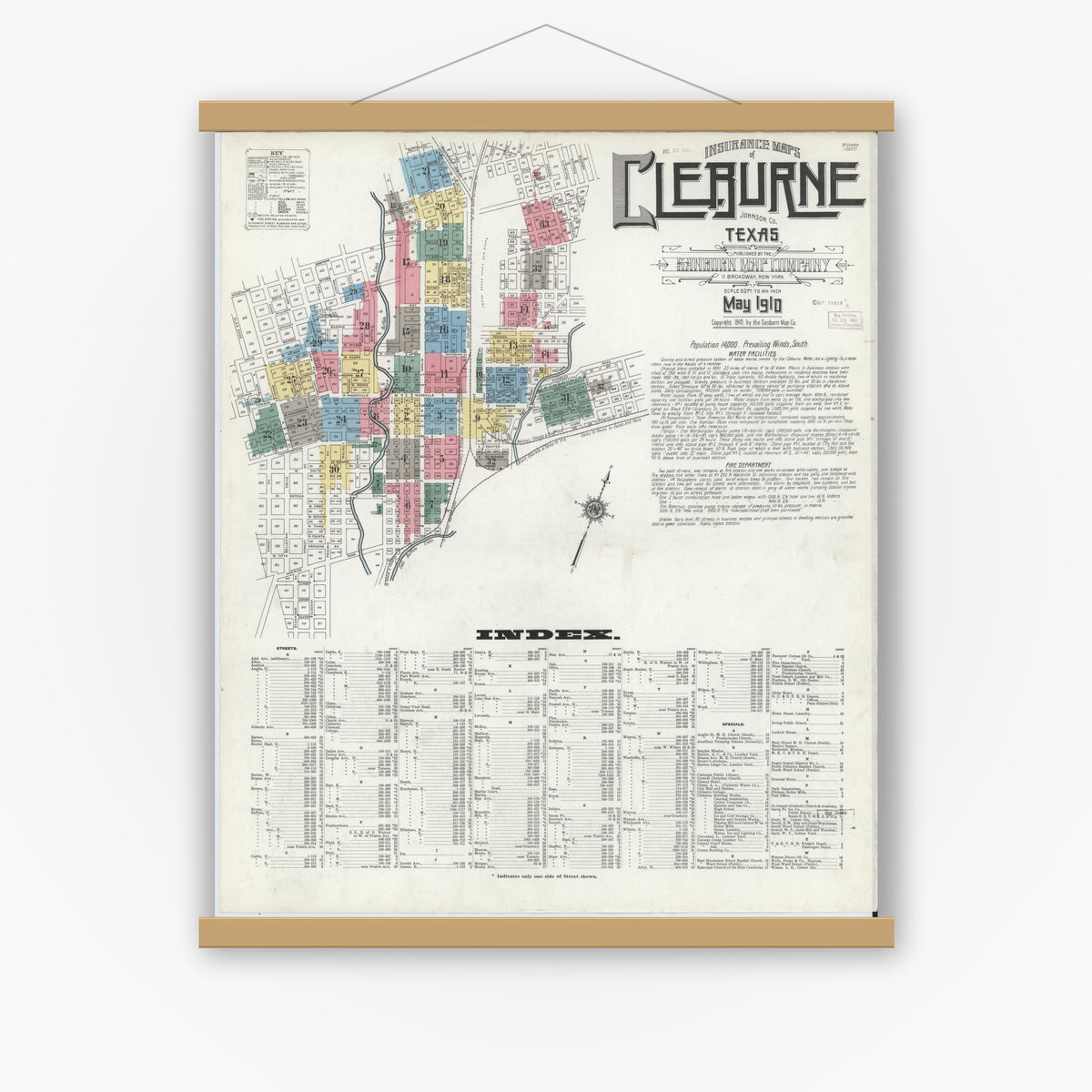 Old map wall art mockup — magnetic wood frame on white wall — Sanborn Fire Insurance Map from Cleburne, Johnson County, Texas (1910), Sheet #0001