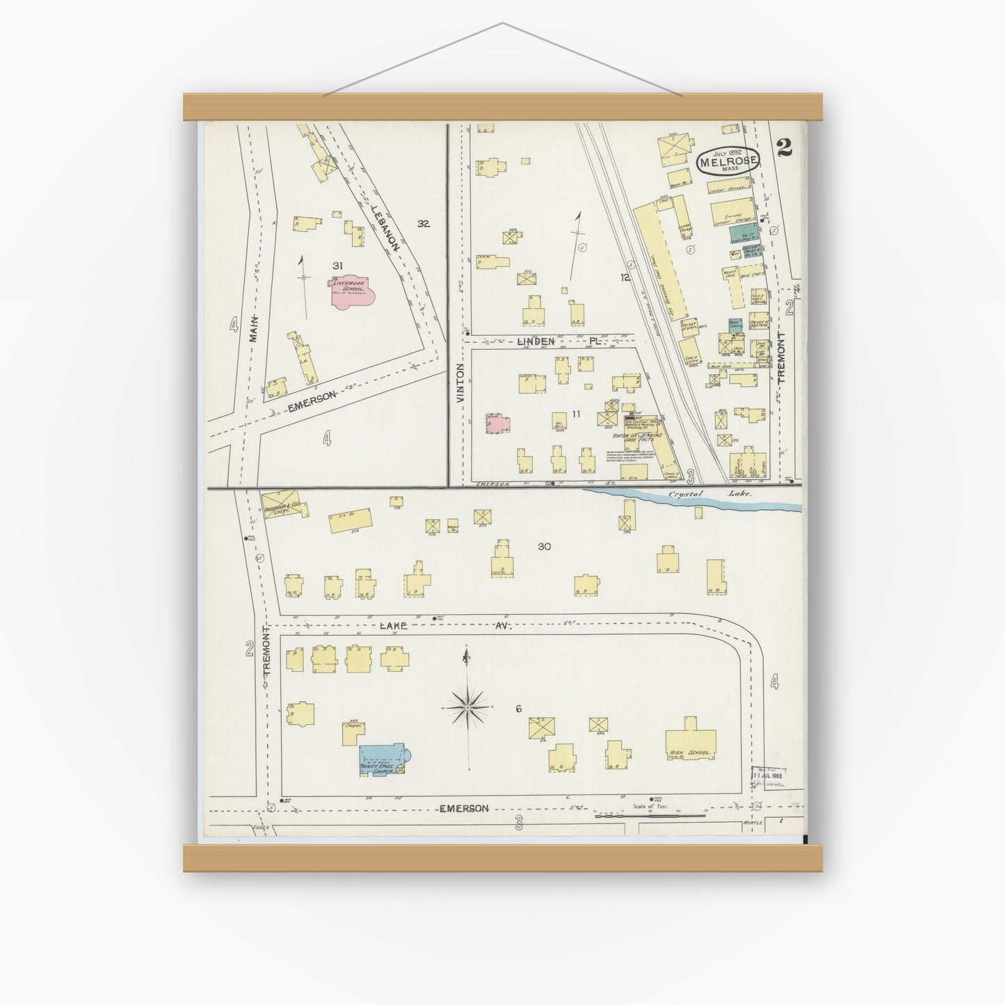 Old map wall art mockup — magnetic wood frame on white wall — Sanborn Fire Insurance Map from Melrose, Middlesex County, Massachusetts (1892), Sheet #0002