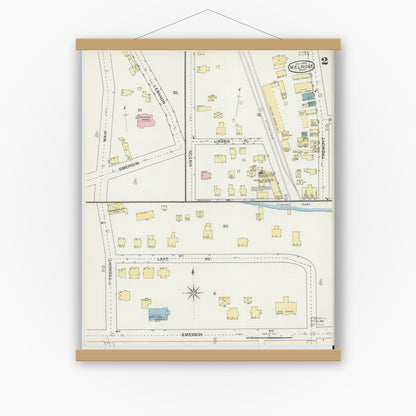 Old map wall art mockup — magnetic wood frame on white wall — Sanborn Fire Insurance Map from Melrose, Middlesex County, Massachusetts (1892), Sheet #0002