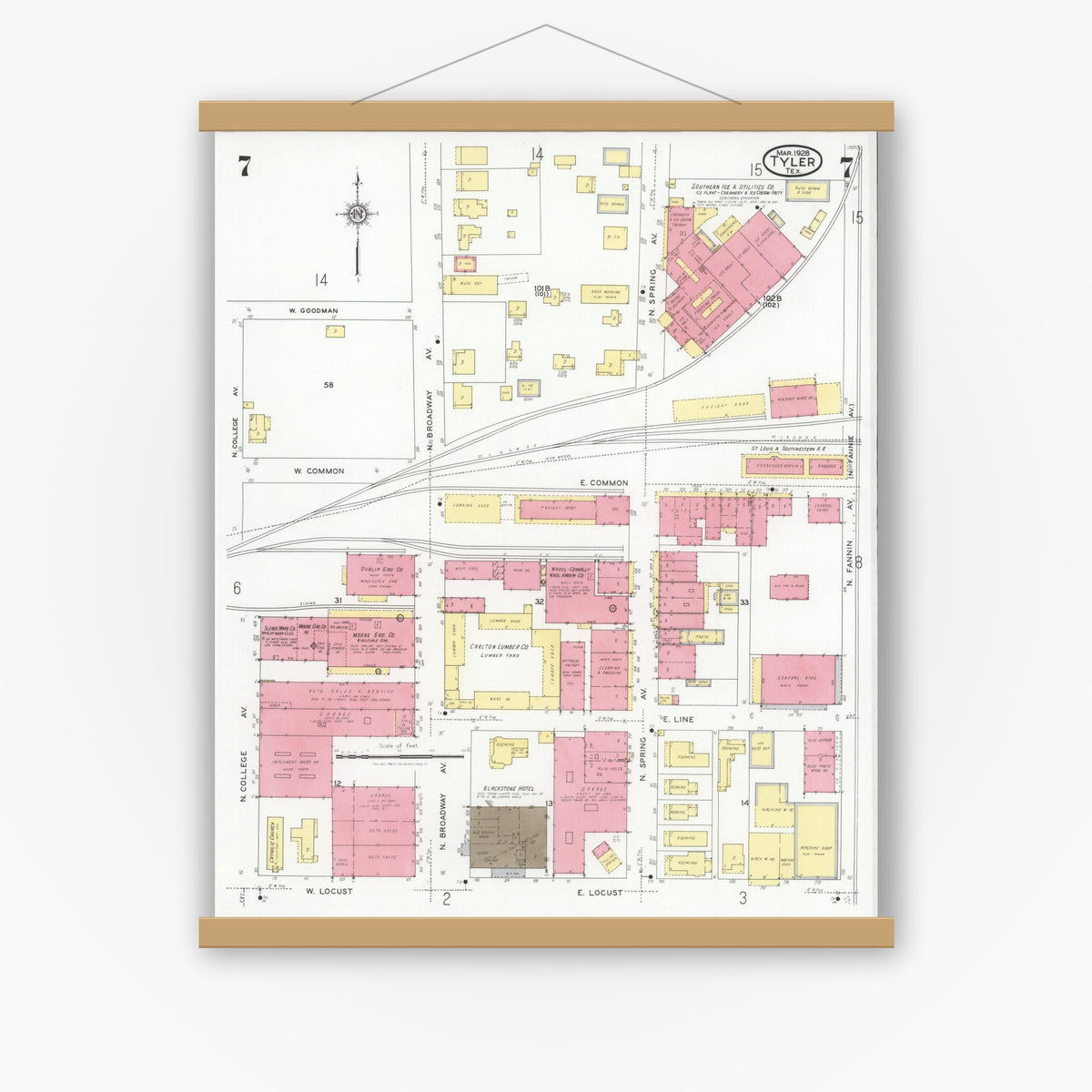 Old map wall art mockup — magnetic wood frame on white wall — Sanborn Fire Insurance Map from Tyler, Smith County, Texas (1928), Sheet #0007