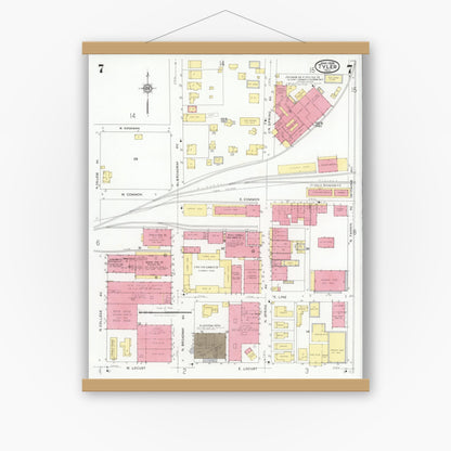 Old map wall art mockup — magnetic wood frame on white wall — Sanborn Fire Insurance Map from Tyler, Smith County, Texas (1928), Sheet #0007
