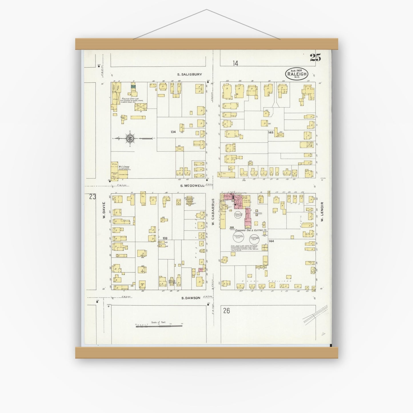 Old map wall art mockup — magnetic wood frame on white wall — Sanborn Fire Insurance Map from Raleigh, Wake County, North Carolina (1909), Sheet #0025