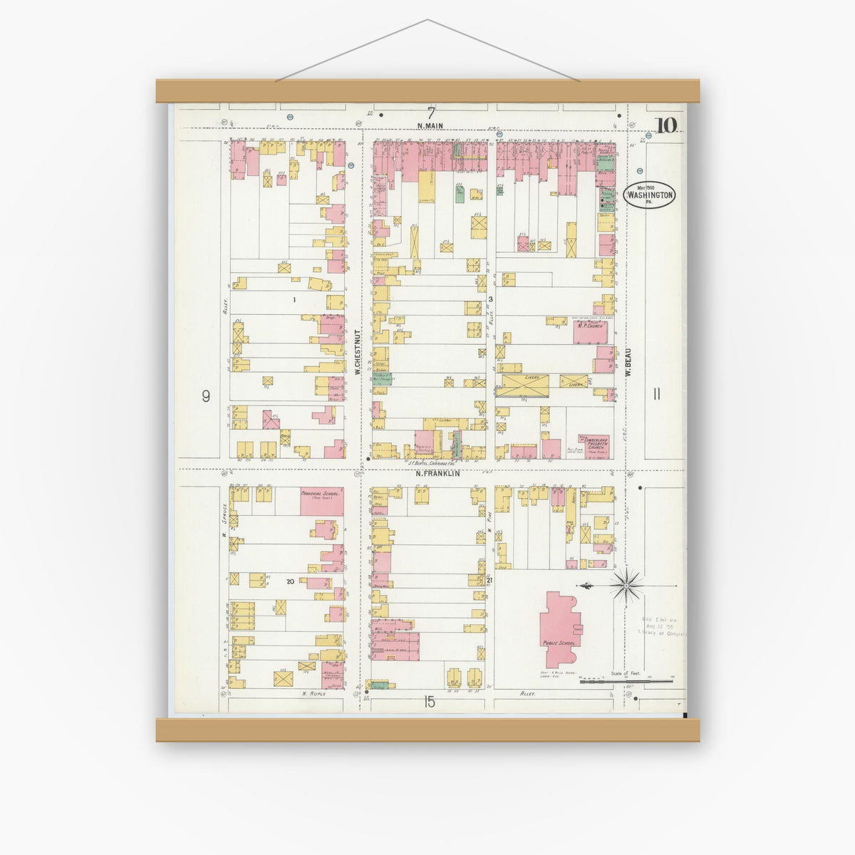 Old map wall art mockup — magnetic wood frame on white wall — Sanborn Fire Insurance Map from Washington, Washington County, Pennsylvania (1900), Sheet #0010