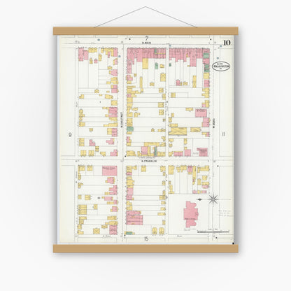 Old map wall art mockup — magnetic wood frame on white wall — Sanborn Fire Insurance Map from Washington, Washington County, Pennsylvania (1900), Sheet #0010