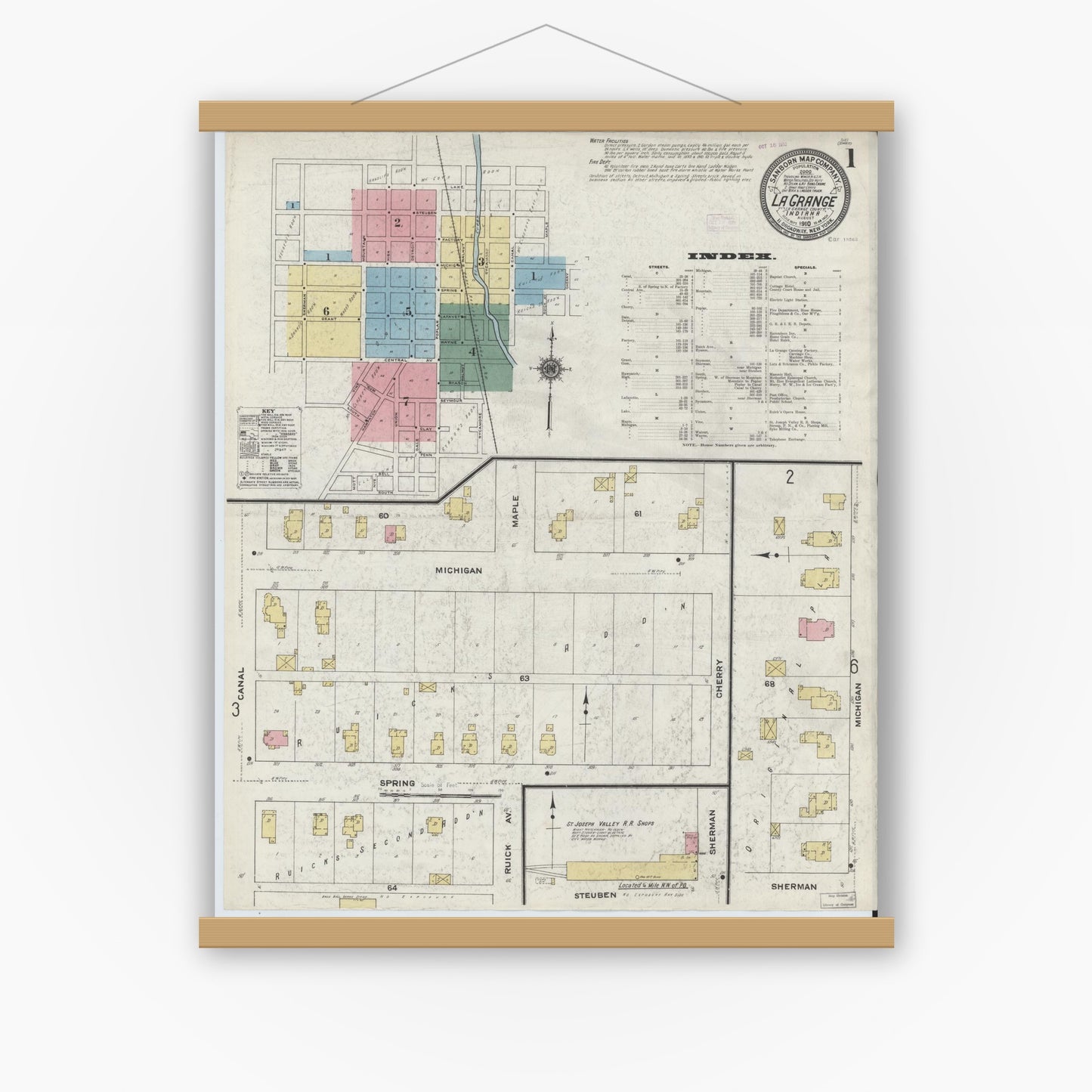Old map wall art mockup — magnetic wood frame on white wall — Sanborn Fire Insurance Map from Lagrange, LaGrange County, Indiana (1910), Sheet #0001