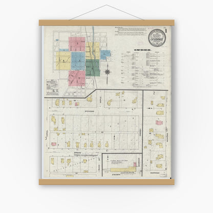 Old map wall art mockup — magnetic wood frame on white wall — Sanborn Fire Insurance Map from Lagrange, LaGrange County, Indiana (1910), Sheet #0001