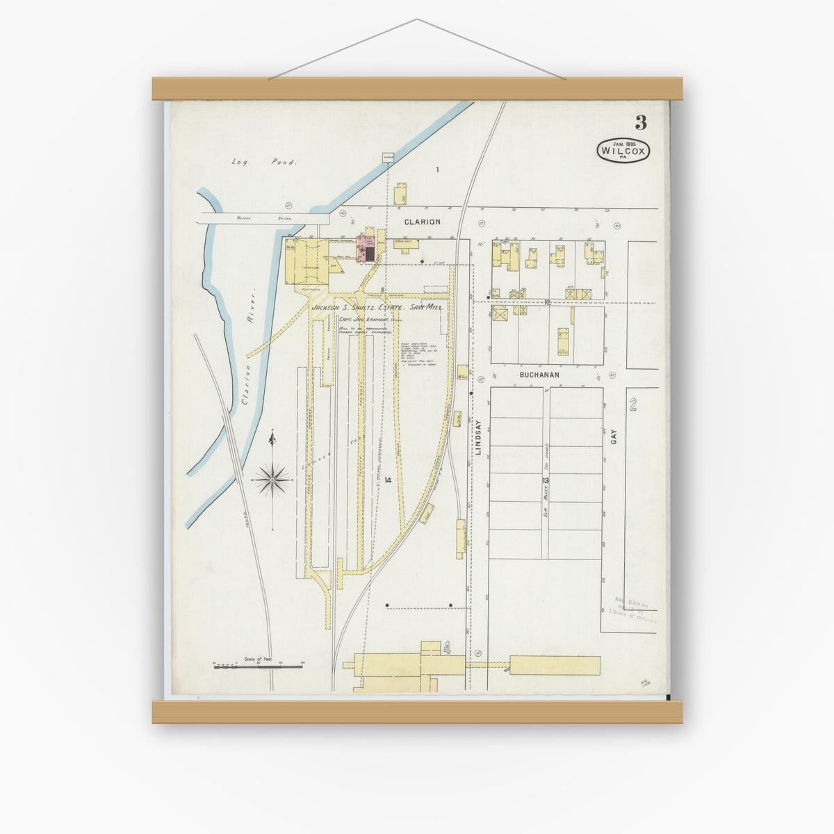 Old map wall art mockup — magnetic wood frame on white wall — Sanborn Fire Insurance Map from Wilcox, Elk County, Pennsylvania (1895), Sheet #0003