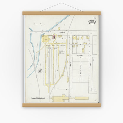 Old map wall art mockup — magnetic wood frame on white wall — Sanborn Fire Insurance Map from Wilcox, Elk County, Pennsylvania (1895), Sheet #0003