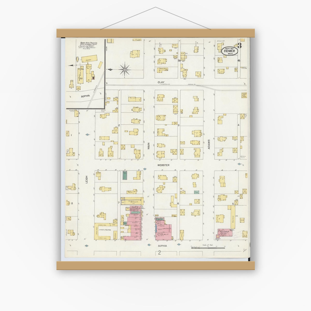 Old map wall art mockup — magnetic wood frame on white wall — Sanborn Fire Insurance Map from Homer, Calhoun County, Michigan (1907), Sheet #0003