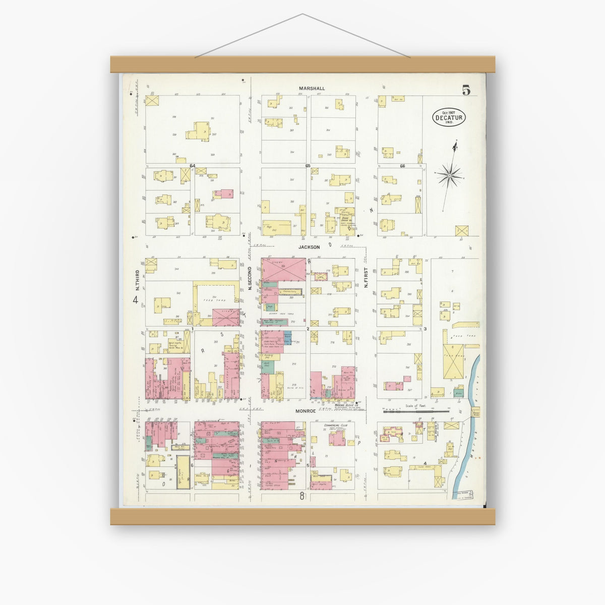 Old map wall art mockup — magnetic wood frame on white wall — Sanborn Fire Insurance Map from Decatur, Adams County, Indiana (1907), Sheet #0005