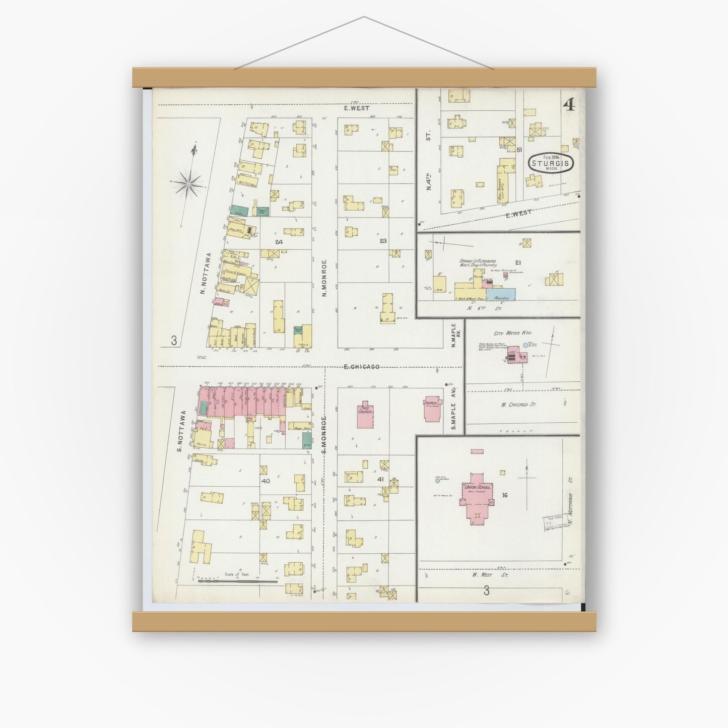 Old map wall art mockup — magnetic wood frame on white wall — Sanborn Fire Insurance Map from Sturgis, Saint Joseph County, Michigan (1895), Sheet #0004