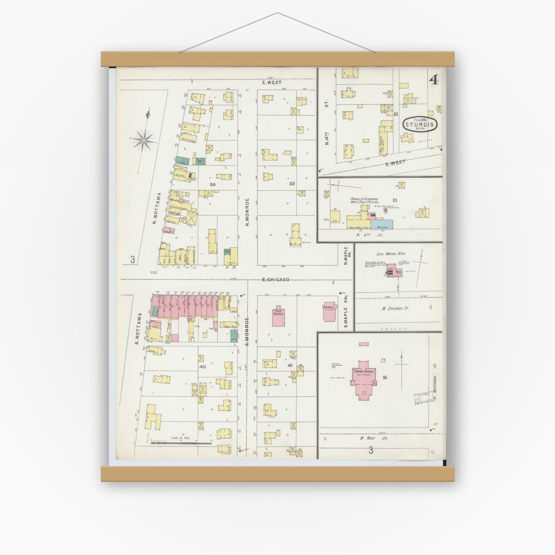 Old map wall art mockup — magnetic wood frame on white wall — Sanborn Fire Insurance Map from Sturgis, Saint Joseph County, Michigan (1895), Sheet #0004