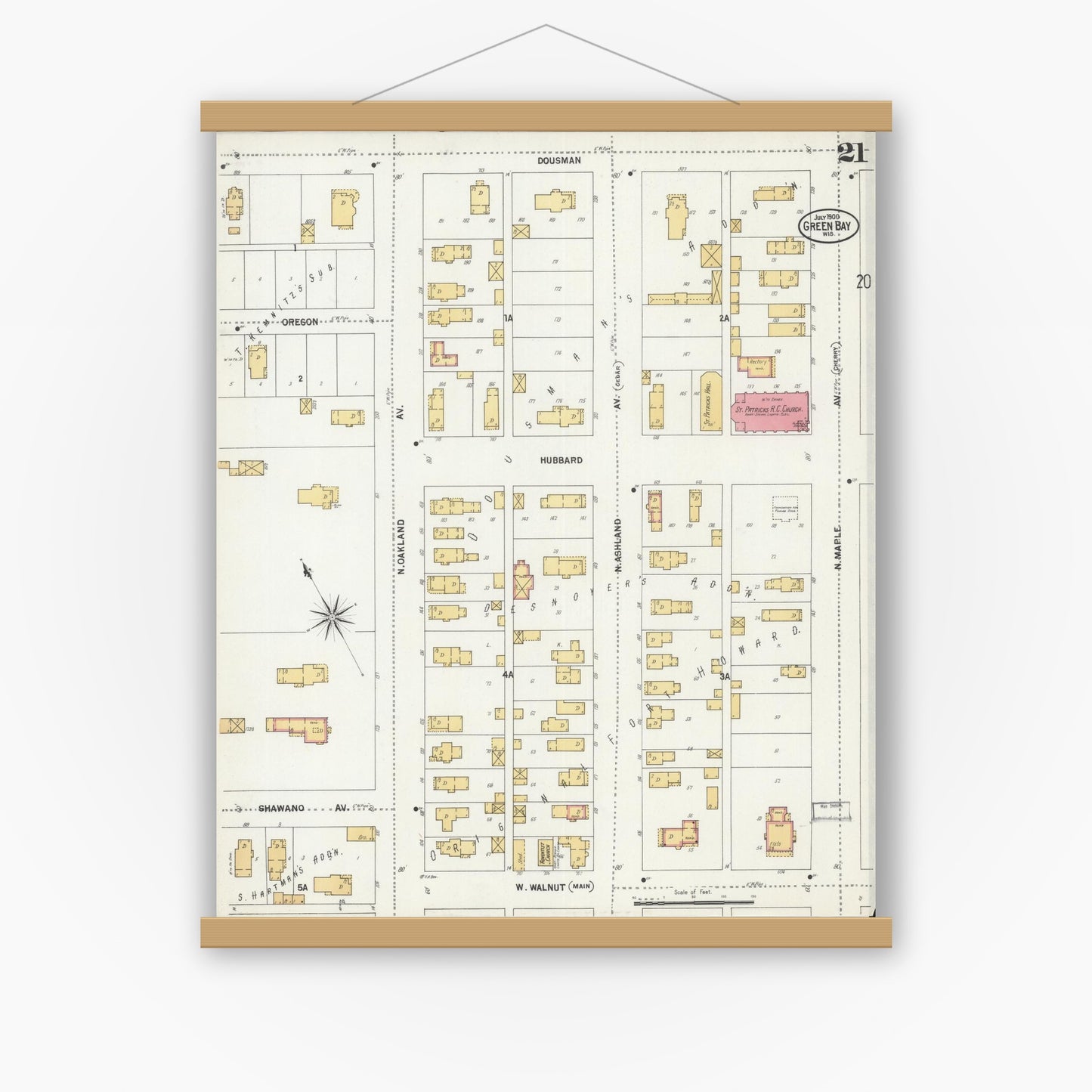 Old map wall art mockup — magnetic wood frame on white wall — Sanborn Fire Insurance Map from Green Bay, Brown County, Wisconsin (1900), Sheet #0021