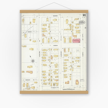 Old map wall art mockup — magnetic wood frame on white wall — Sanborn Fire Insurance Map from Green Bay, Brown County, Wisconsin (1900), Sheet #0021