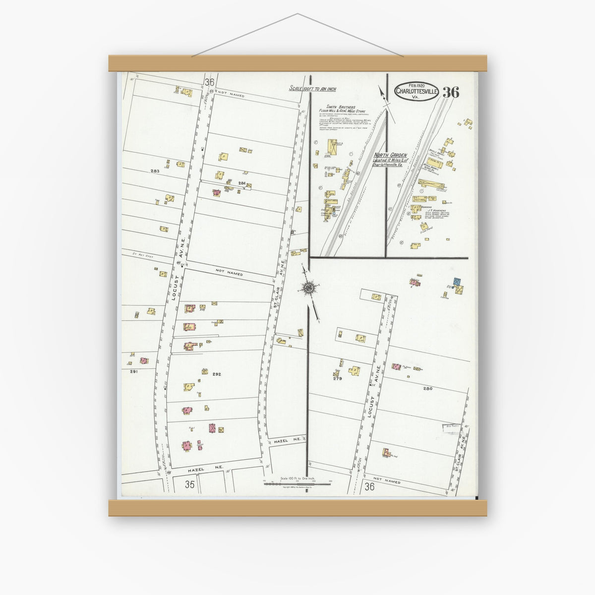 Old map wall art mockup — magnetic wood frame on white wall — Sanborn Fire Insurance Map from Charlottesville, Independent Cities, Virginia (1920), Sheet #0036