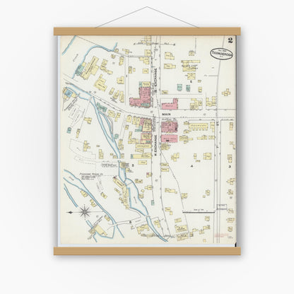 Old map wall art mockup — magnetic wood frame on white wall — Sanborn Fire Insurance Map from Ticonderoga, Essex County, New York (1890), Sheet #0002