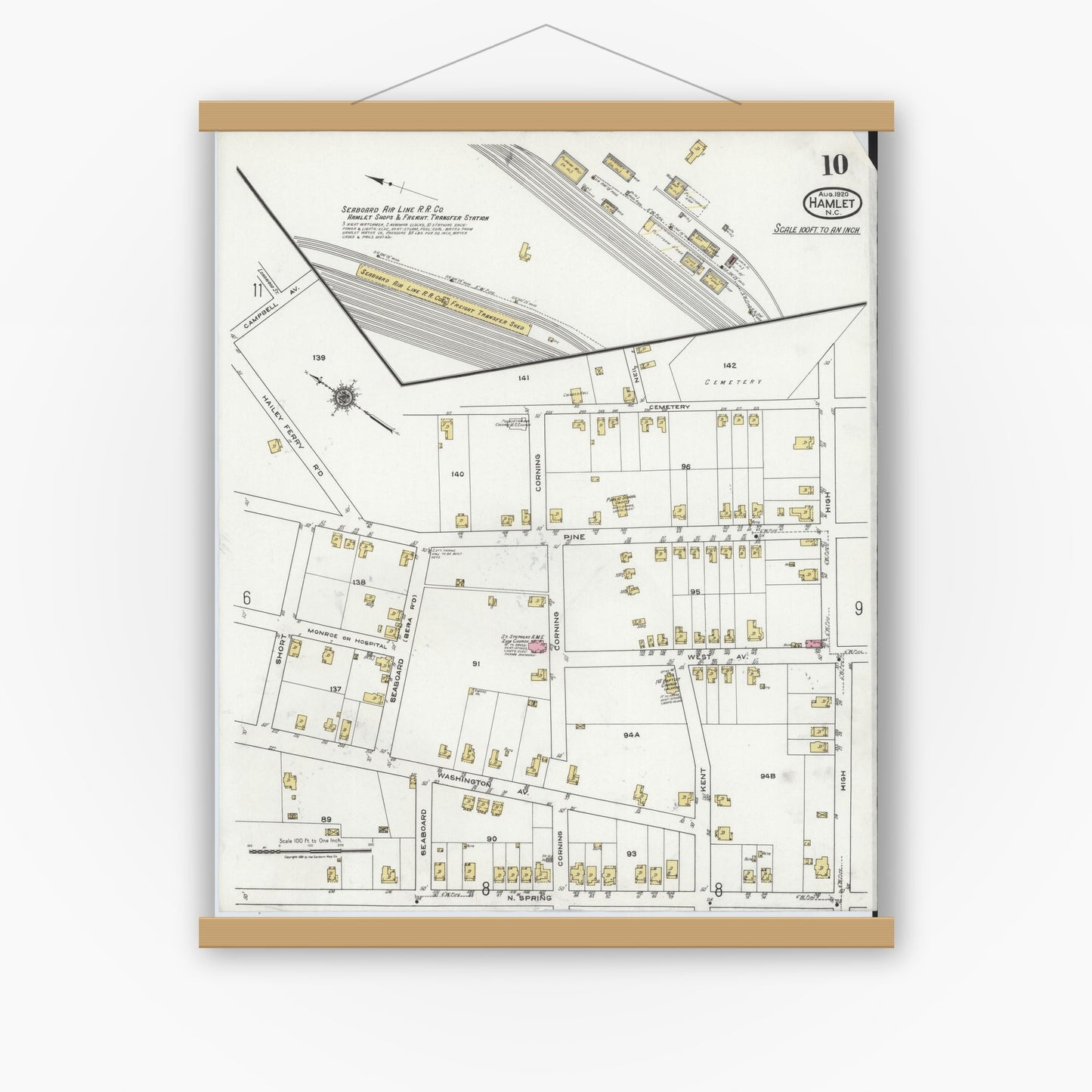 Old map wall art mockup — magnetic wood frame on white wall — Sanborn Fire Insurance Map from Hamlet, Richmond County, North Carolina (1920), Sheet #0010