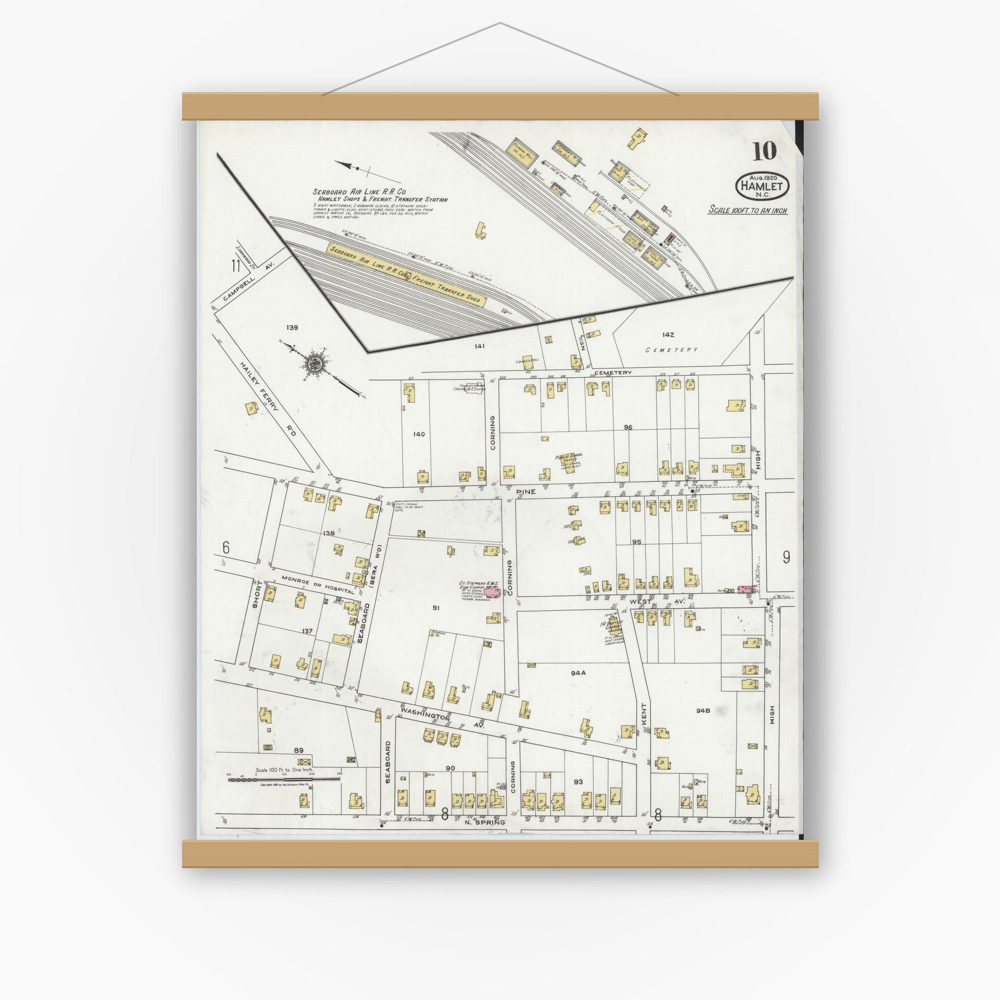 Old map wall art mockup — magnetic wood frame on white wall — Sanborn Fire Insurance Map from Hamlet, Richmond County, North Carolina (1920), Sheet #0010