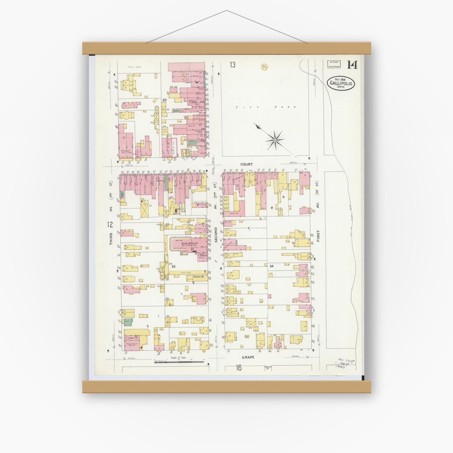Old map wall art mockup — magnetic wood frame on white wall — Sanborn Fire Insurance Map from Gallipolis, Gallia County, Ohio (1908), Sheet #0014