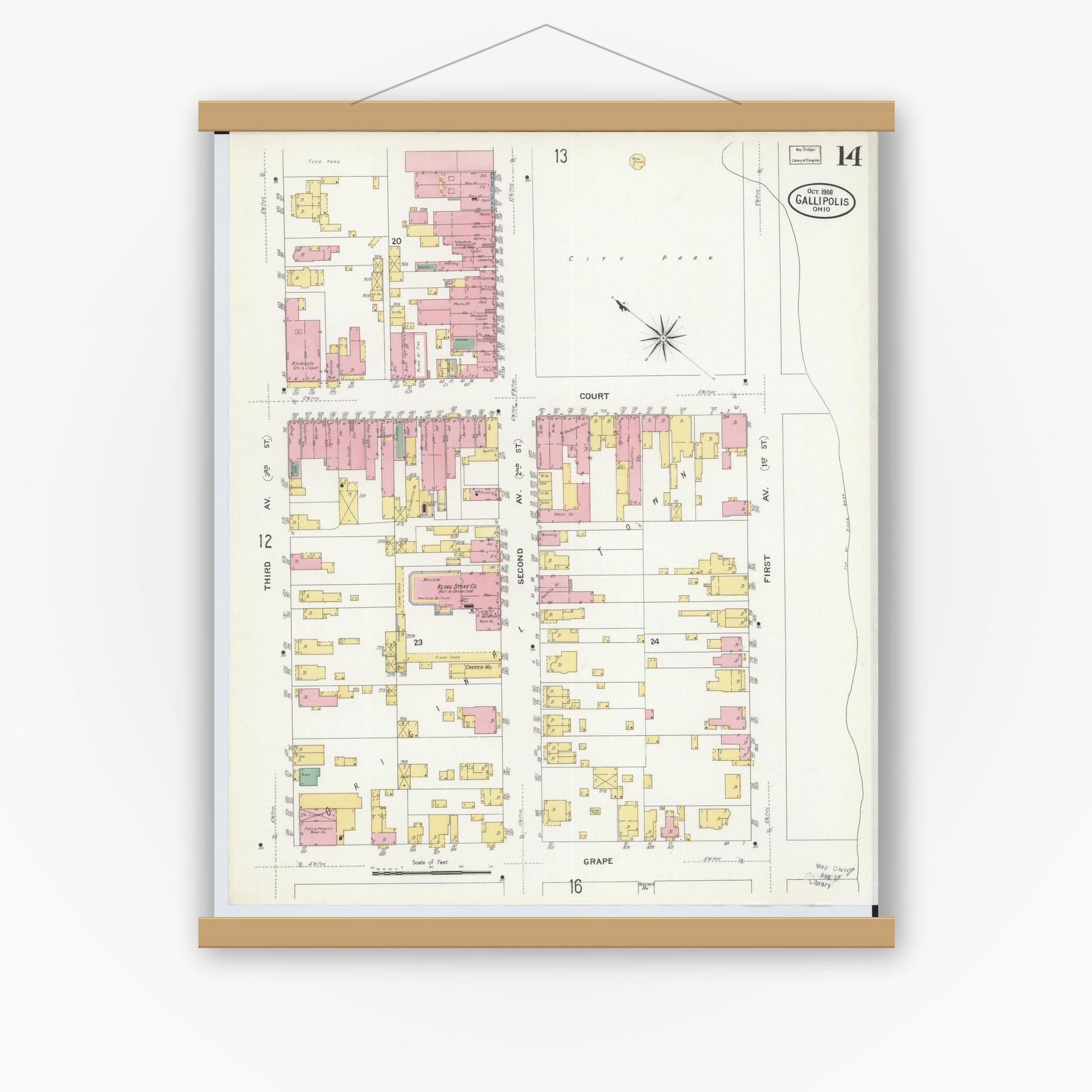 Old map wall art mockup — magnetic wood frame on white wall — Sanborn Fire Insurance Map from Gallipolis, Gallia County, Ohio (1908), Sheet #0014