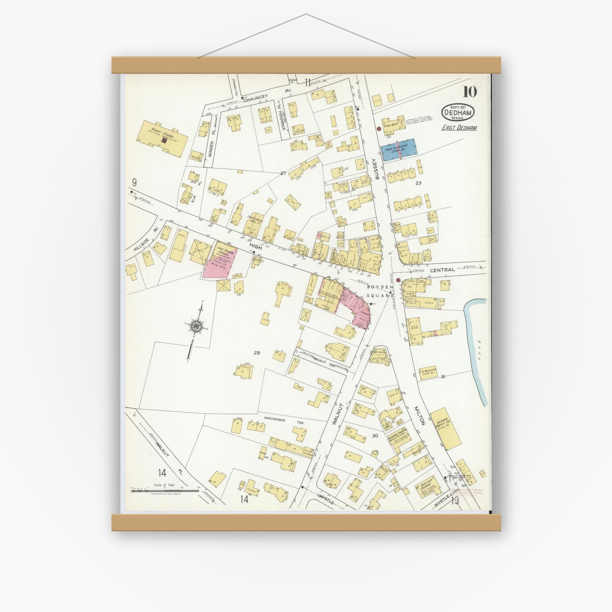 Old map wall art mockup — magnetic wood frame on white wall — Sanborn Fire Insurance Map from Dedham, Norfolk County, Massachusetts (1917), Sheet #0010