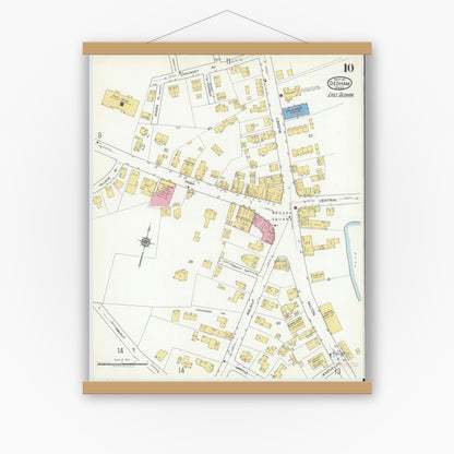 Old map wall art mockup — magnetic wood frame on white wall — Sanborn Fire Insurance Map from Dedham, Norfolk County, Massachusetts (1917), Sheet #0010