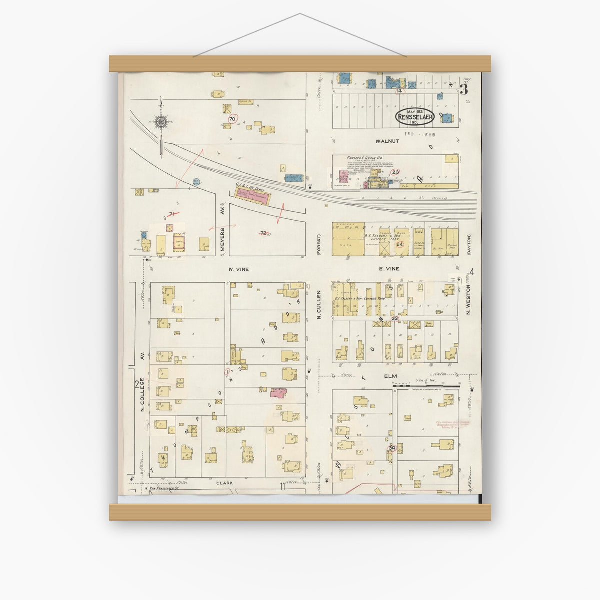 Old map wall art mockup — magnetic wood frame on white wall — Sanborn Fire Insurance Map from Rensselaer, Jasper County, Indiana (1942), Sheet #0003