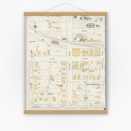 Old map wall art mockup — magnetic wood frame on white wall — Sanborn Fire Insurance Map from Rensselaer, Jasper County, Indiana (1942), Sheet #0003