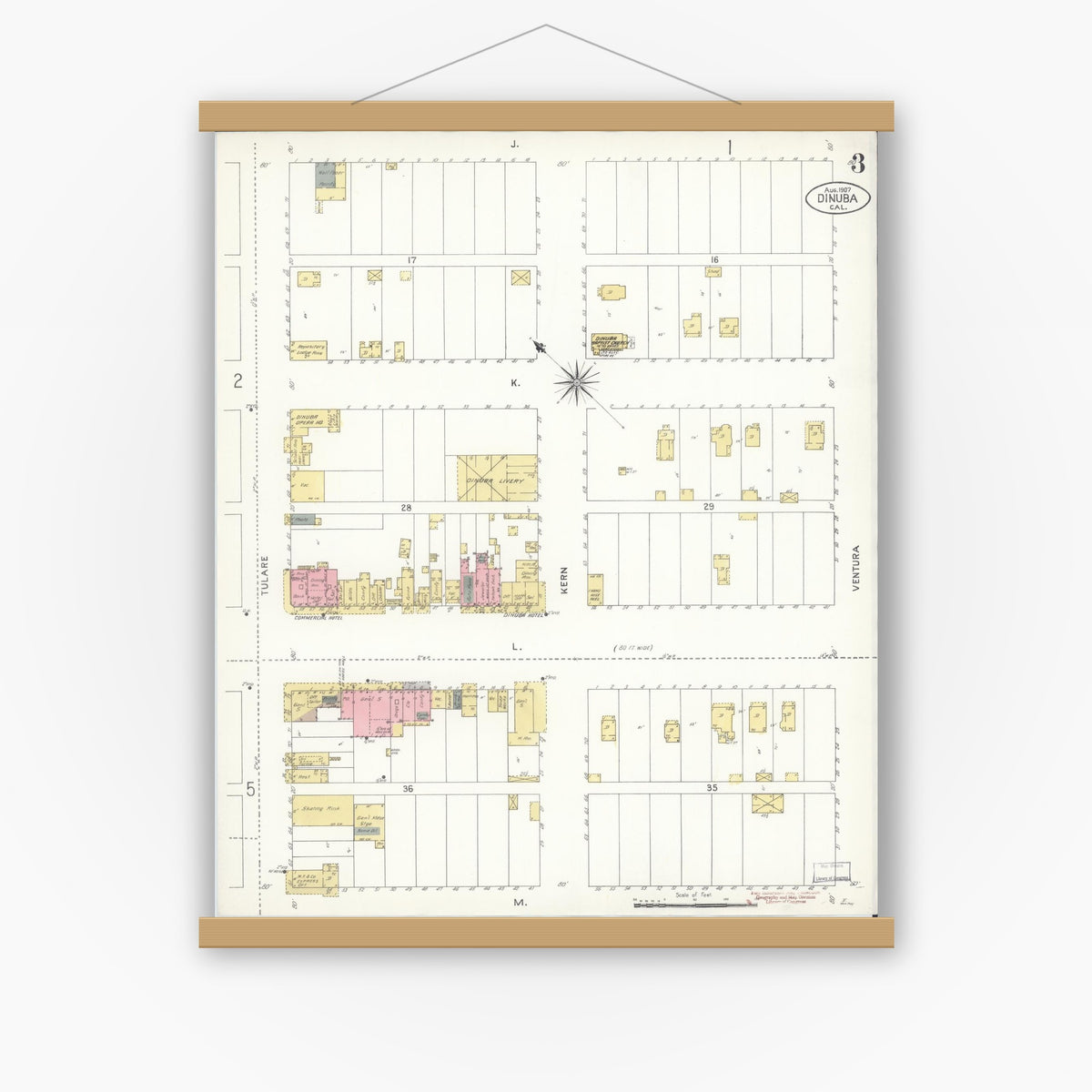 Old map wall art mockup — magnetic wood frame on white wall — Sanborn Fire Insurance Map from Dinuba, Tulare County, California (1907), Sheet #0003