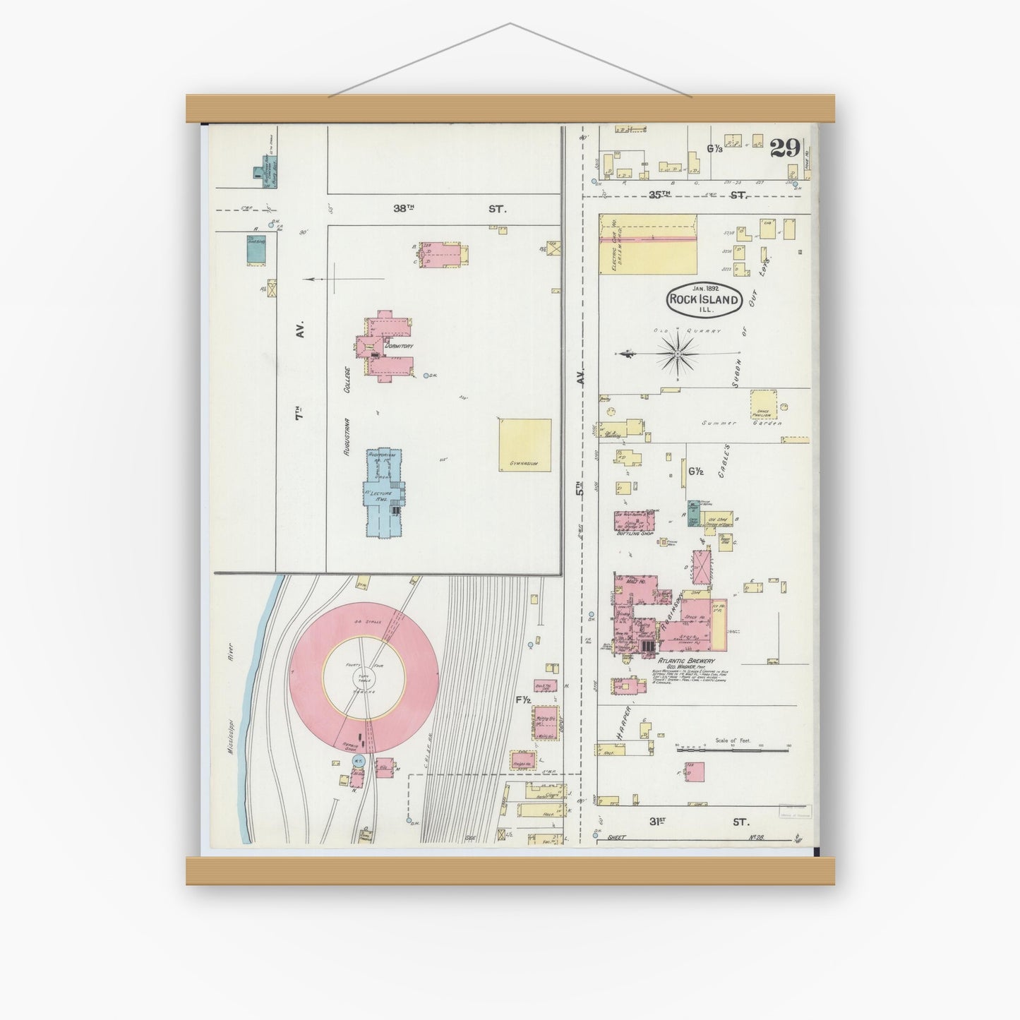 Old map wall art mockup — magnetic wood frame on white wall — Sanborn Fire Insurance Map from Rock Island, Rock Island County, Illinois (1892), Sheet #0029