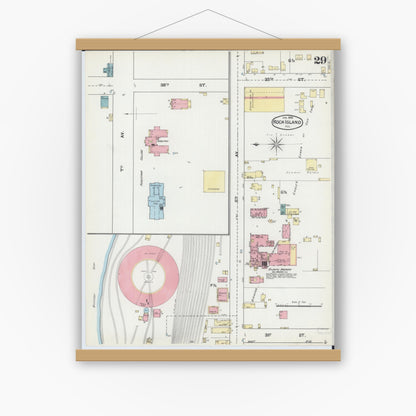 Old map wall art mockup — magnetic wood frame on white wall — Sanborn Fire Insurance Map from Rock Island, Rock Island County, Illinois (1892), Sheet #0029