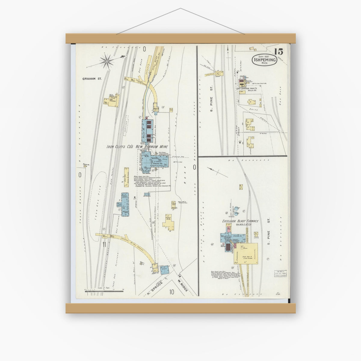 Old map wall art mockup — magnetic wood frame on white wall — Sanborn Fire Insurance Map from Ishpeming, Marquette County, Michigan (1897), Sheet #0015