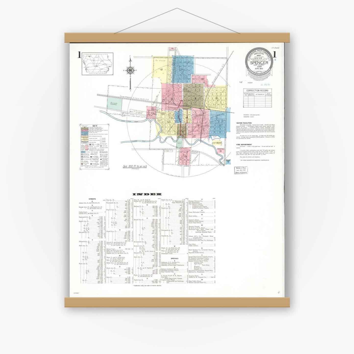 Old map wall art mockup — magnetic wood frame on white wall — Sanborn Fire Insurance Map from Spencer, Clay County, Iowa (1941) â€” Complete Set