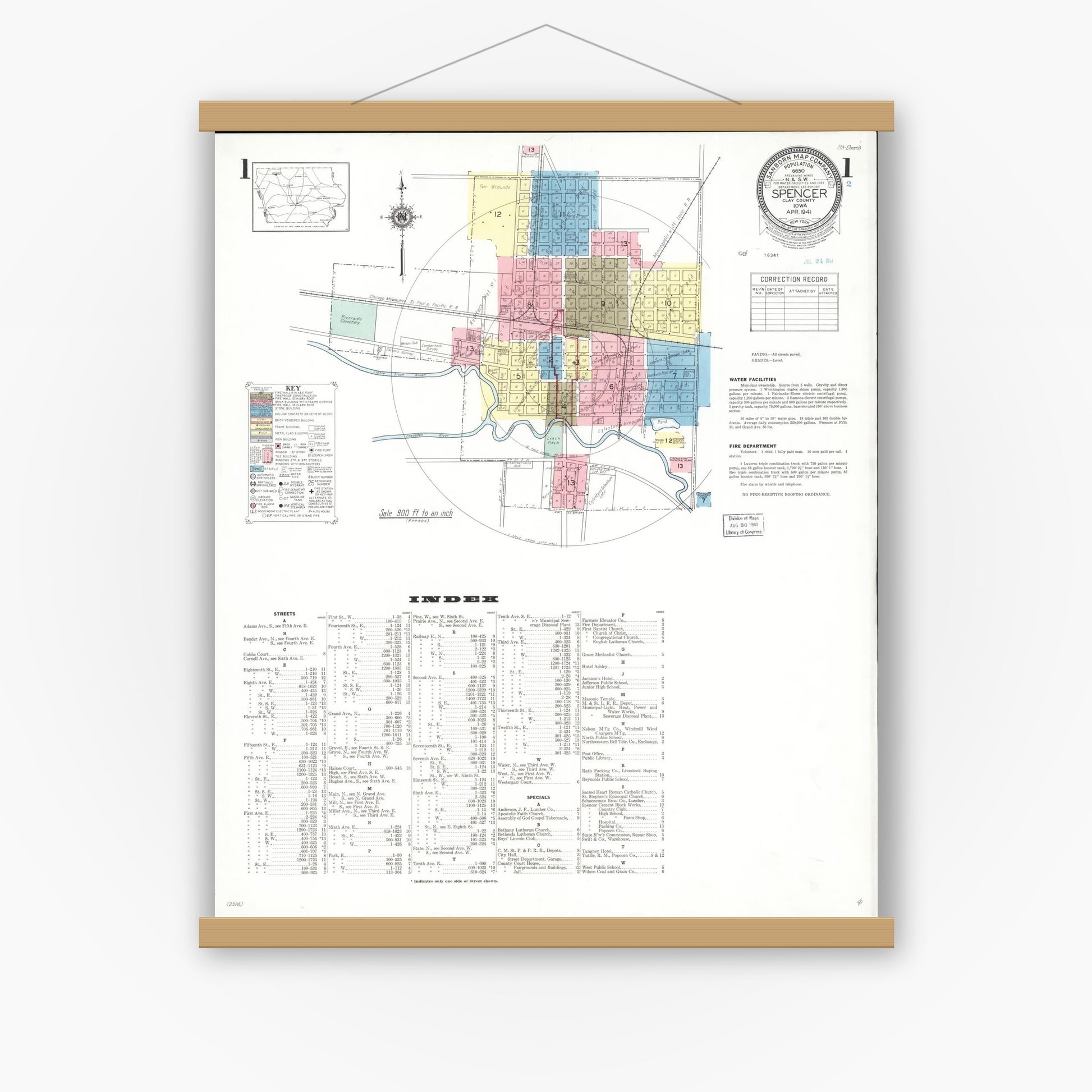 Old map wall art mockup — magnetic wood frame on white wall — Sanborn Fire Insurance Map from Spencer, Clay County, Iowa (1941) â€” Complete Set