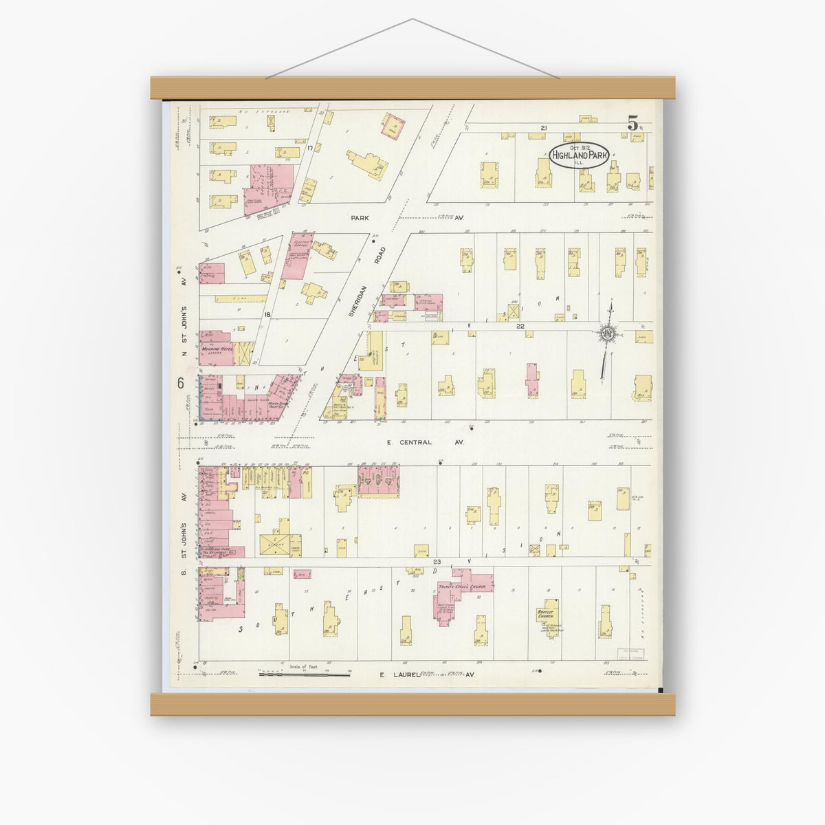 Old map wall art mockup — magnetic wood frame on white wall — Sanborn Fire Insurance Map from Highland Park, Lake County, Illinois (1912), Sheet #0005
