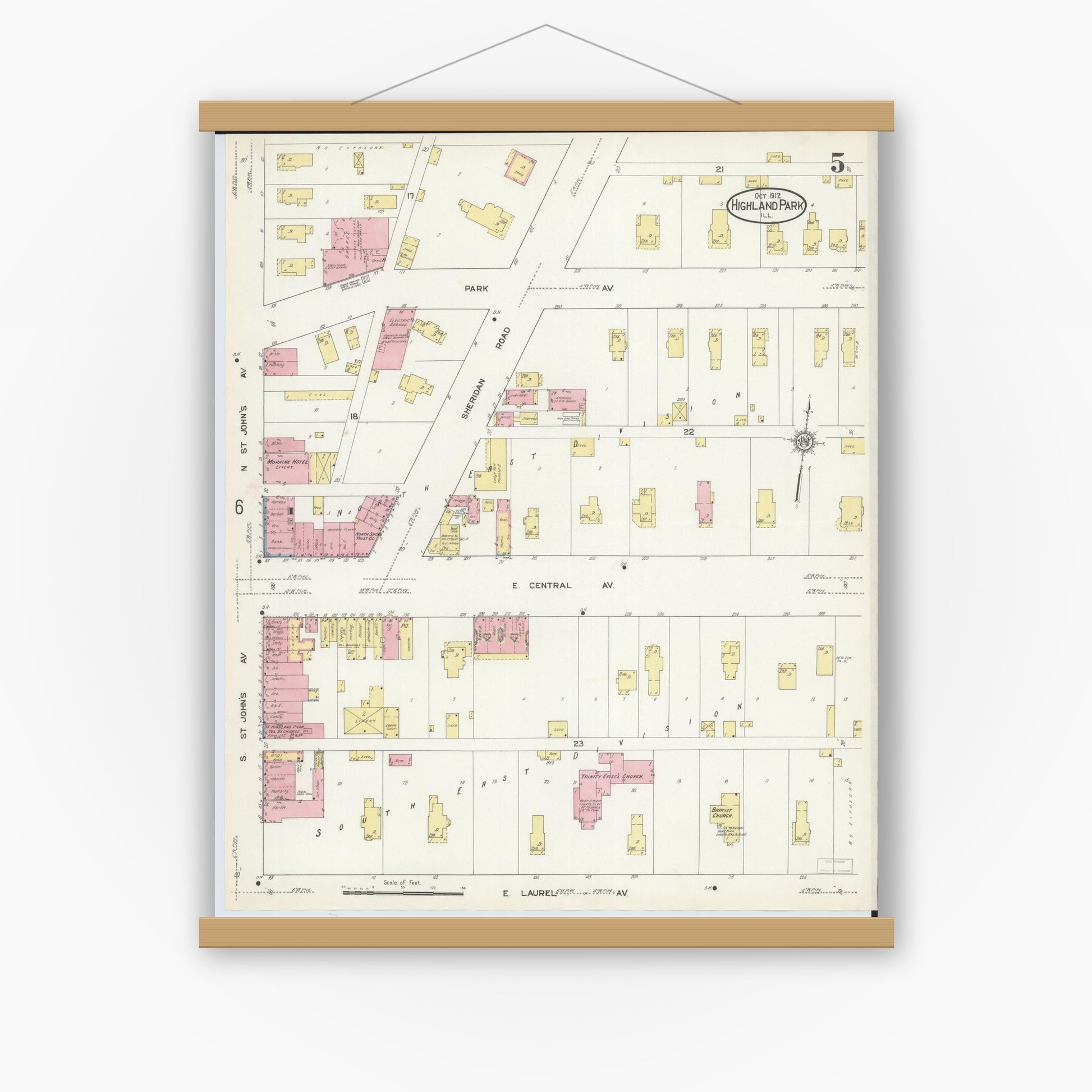 Old map wall art mockup — magnetic wood frame on white wall — Sanborn Fire Insurance Map from Highland Park, Lake County, Illinois (1912), Sheet #0005