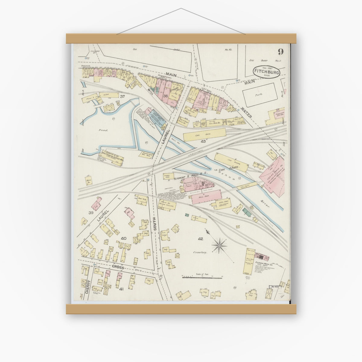 Old map wall art mockup — magnetic wood frame on white wall — Sanborn Fire Insurance Map from Fitchburg, Worcester County, Massachusetts (1887), Sheet #0009