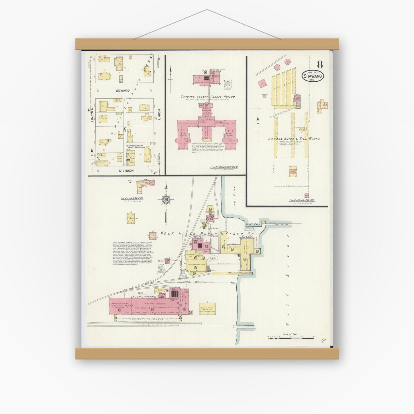 Old map wall art mockup — magnetic wood frame on white wall — Sanborn Fire Insurance Map from Shawano, Shawano County, Wisconsin (1913), Sheet #0008