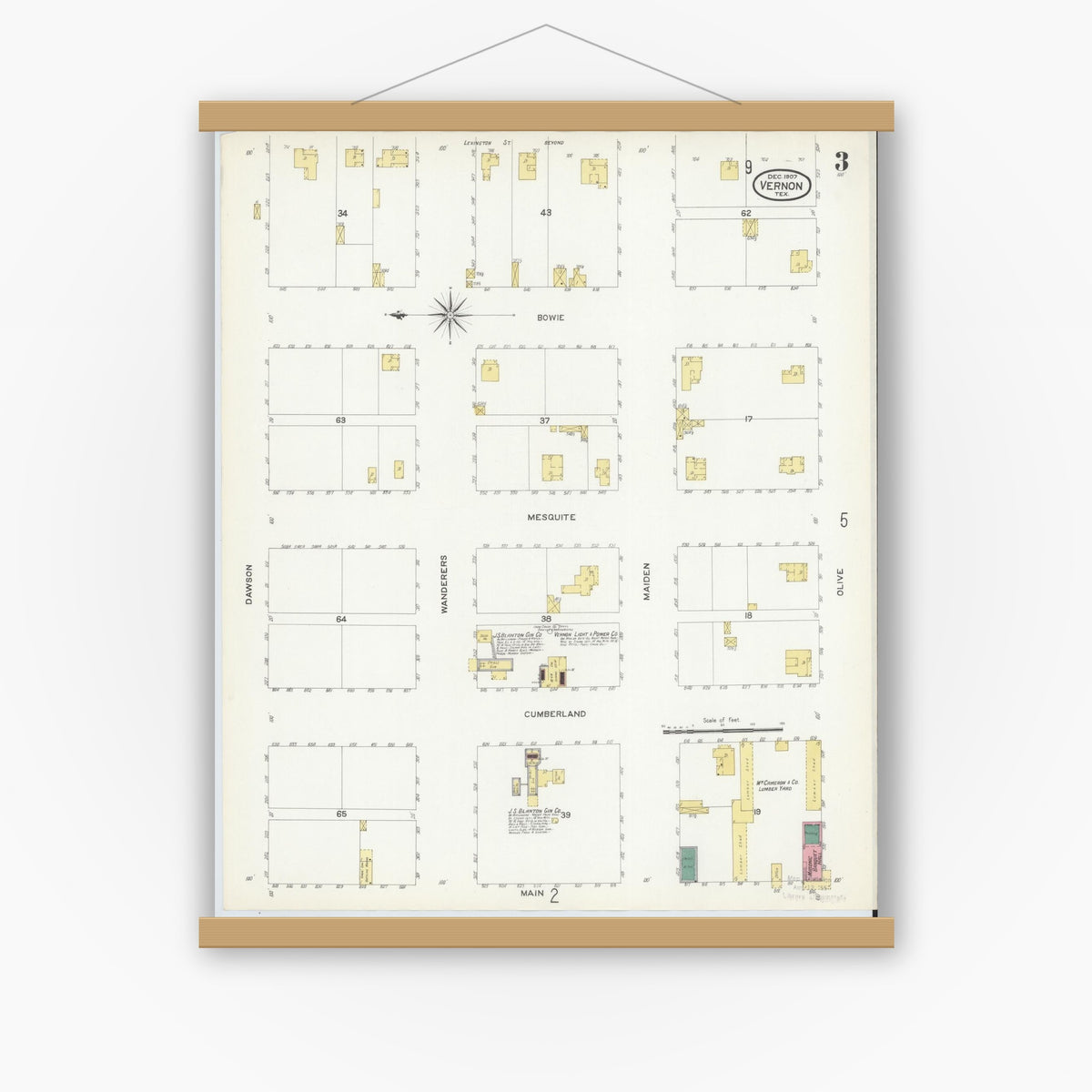 Old map wall art mockup — magnetic wood frame on white wall — Sanborn Fire Insurance Map from Vernon, Wilbarger County, Texas (1907), Sheet #0003