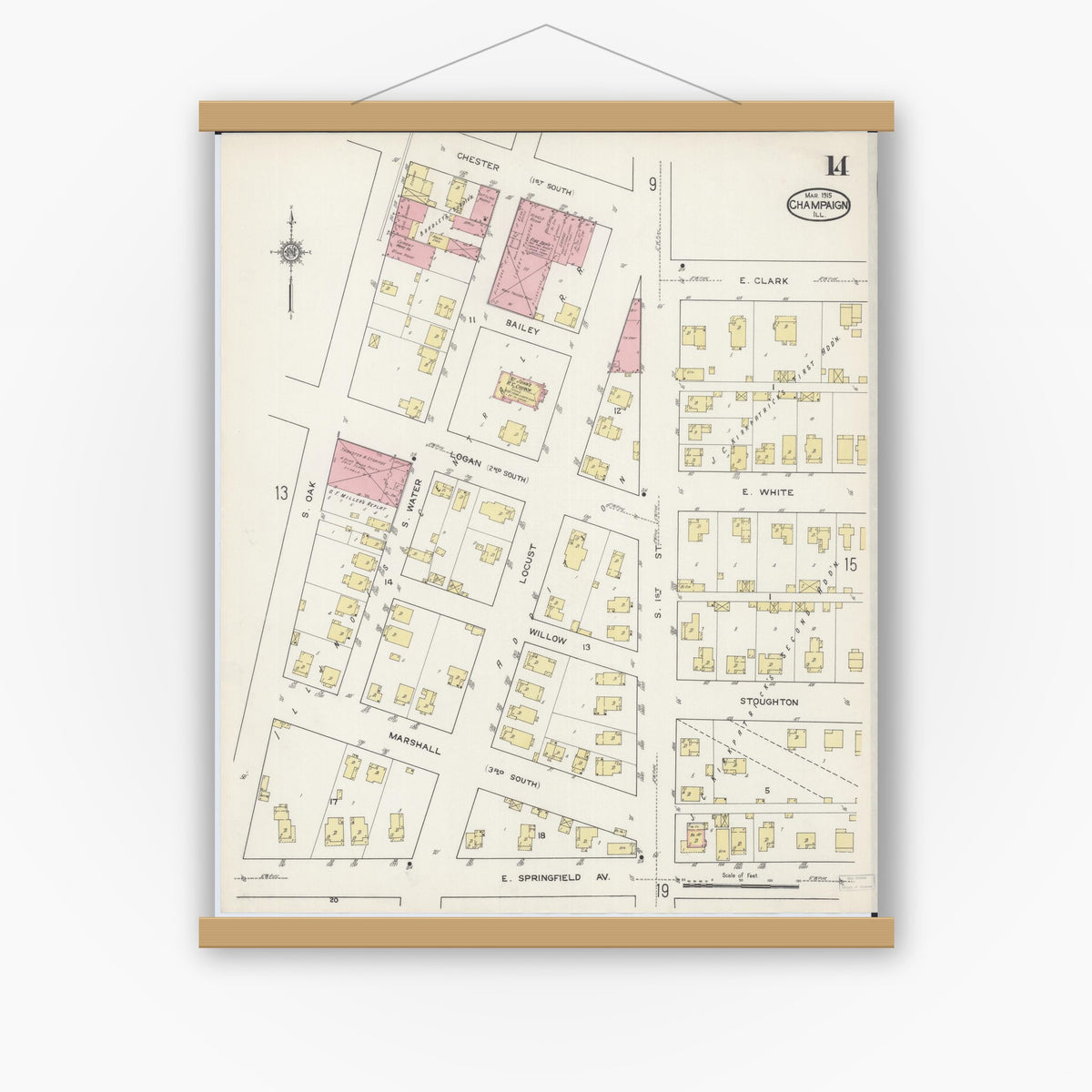 Old map wall art mockup — magnetic wood frame on white wall — Sanborn Fire Insurance Map from Champaign, Champaign County, Illinois (1915), Sheet #0014