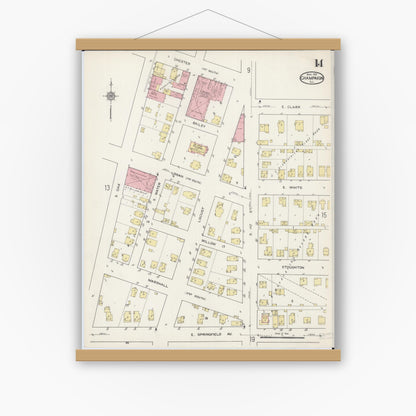 Old map wall art mockup — magnetic wood frame on white wall — Sanborn Fire Insurance Map from Champaign, Champaign County, Illinois (1915), Sheet #0014