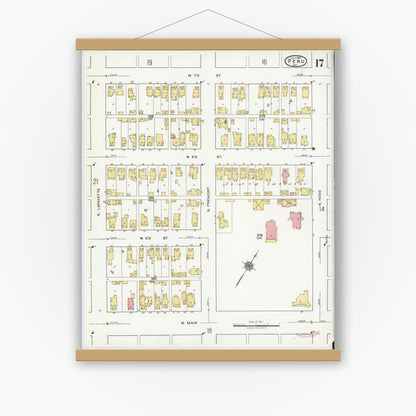 Old map wall art mockup — magnetic wood frame on white wall — Sanborn Fire Insurance Map from Peru, Miami County, Indiana (1920), Sheet #0017