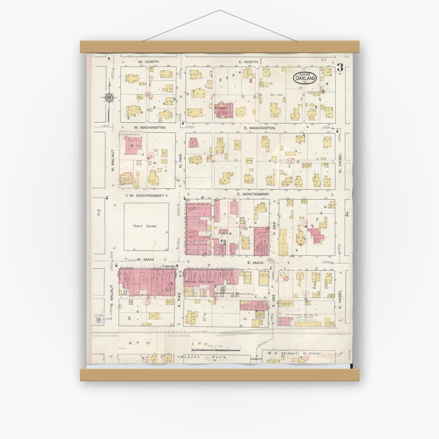 Old map wall art mockup — magnetic wood frame on white wall — Sanborn Fire Insurance Map from Oakland, Coles County, Illinois (1932), Sheet #0003