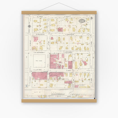 Old map wall art mockup — magnetic wood frame on white wall — Sanborn Fire Insurance Map from Oakland, Coles County, Illinois (1932), Sheet #0003