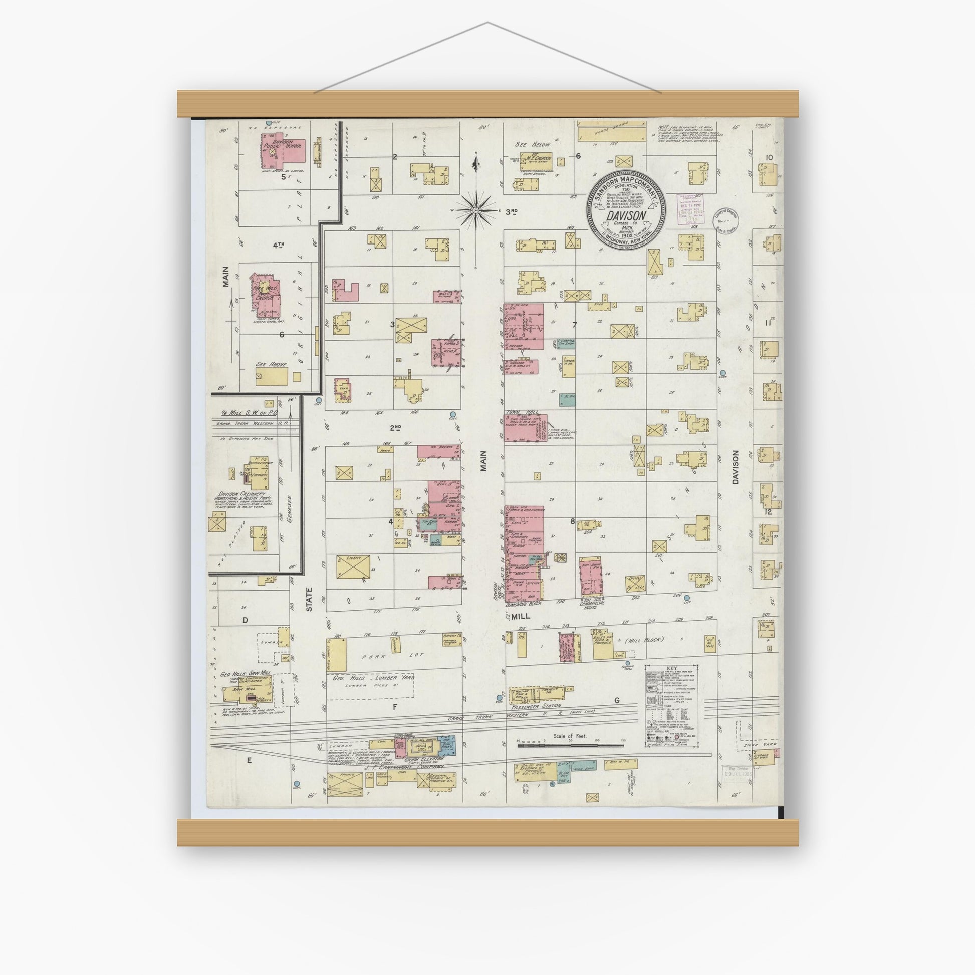Old map wall art mockup — magnetic wood frame on white wall — Sanborn Fire Insurance Map from Davison, Genesee County, Michigan (1902), Sheet #0001