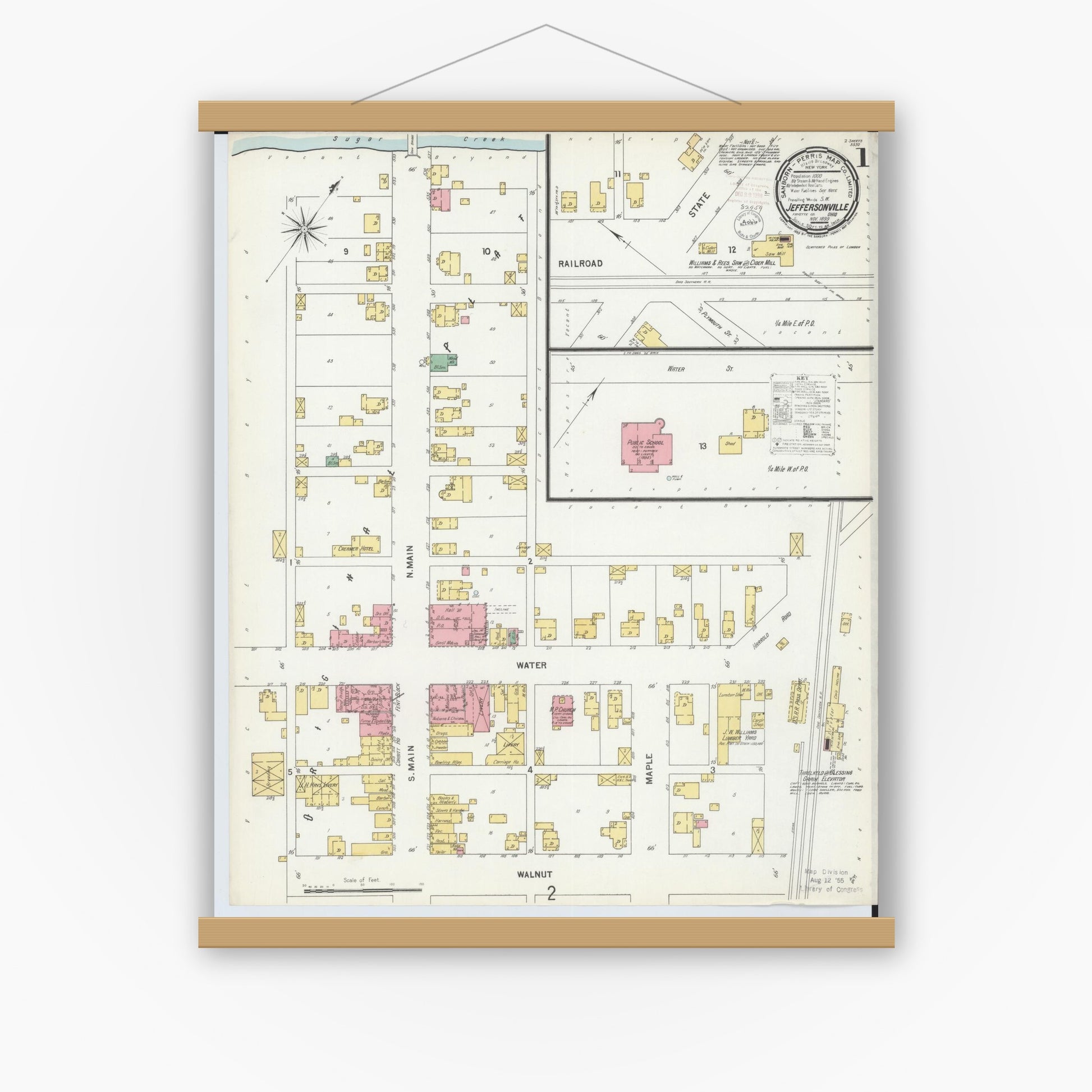 Old map wall art mockup — magnetic wood frame on white wall — Sanborn Fire Insurance Map from Jeffersonville, Fayette County, Ohio (1899), Sheet #0001