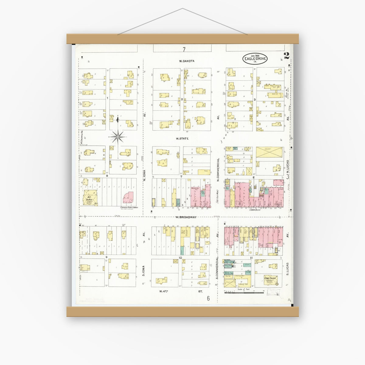 Old map wall art mockup — magnetic wood frame on white wall — Sanborn Fire Insurance Map from Eagle Grove, Wright County, Iowa (1906), Sheet #0002