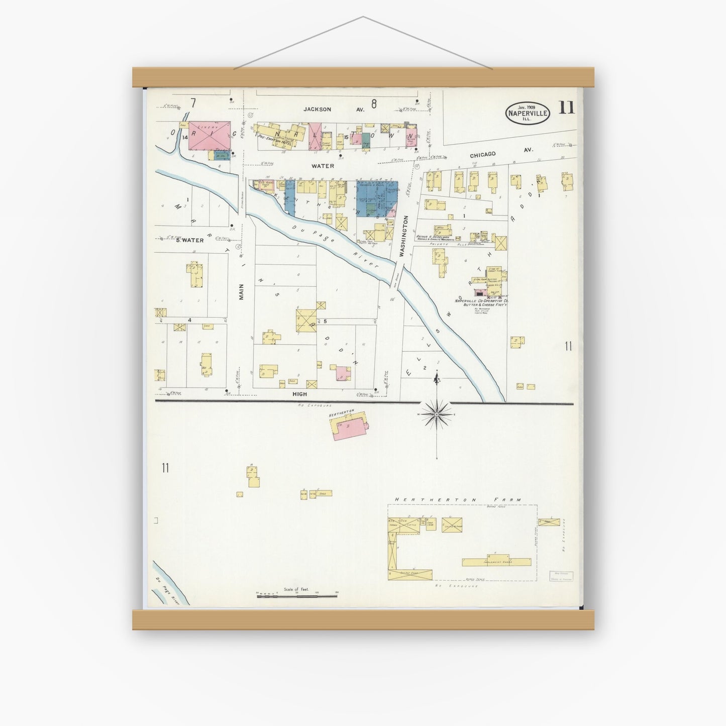 Old map wall art mockup — magnetic wood frame on white wall — Sanborn Fire Insurance Map from Naperville, Du Page County, Illinois (1909), Sheet #0011