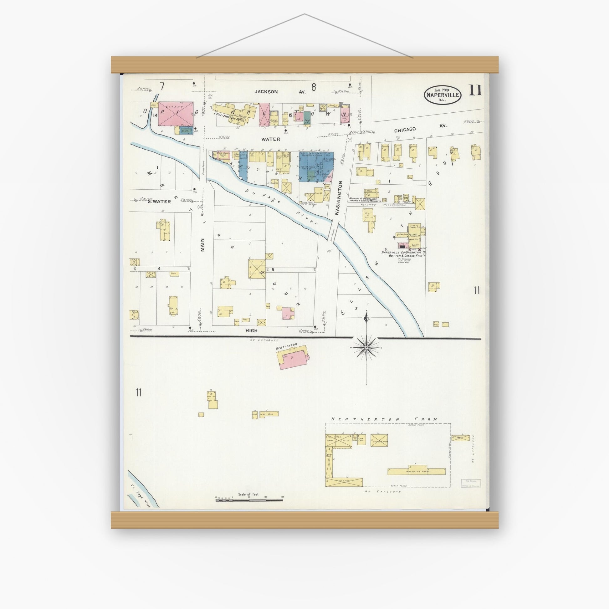 Old map wall art mockup — magnetic wood frame on white wall — Sanborn Fire Insurance Map from Naperville, Du Page County, Illinois (1909), Sheet #0011